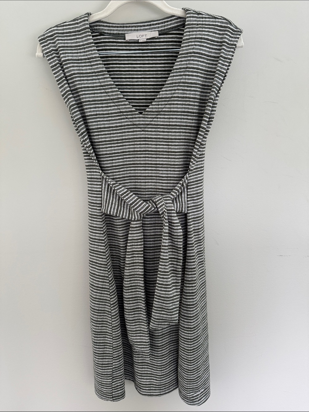 LOFT Green and White Striped V-Neck Tie-Waist Knit Dress